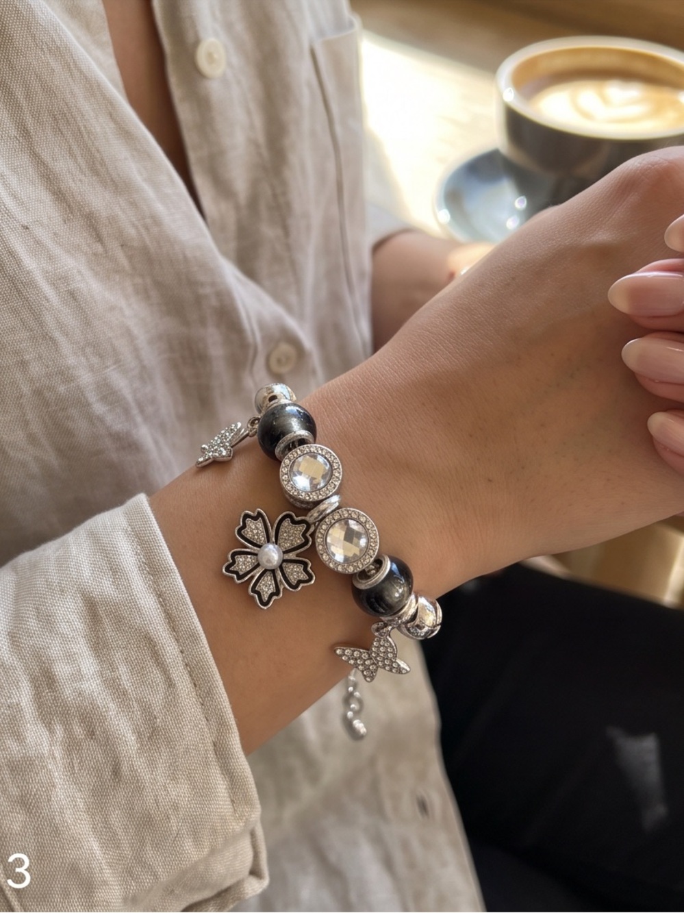 Silver Charm Snake Chain Bracelet with Floral & Butterfly Charms (6 to 8 Inches)